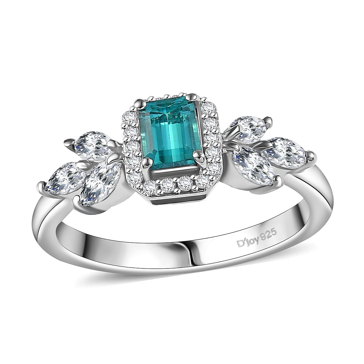 D'Joy Premium Pirineu Lagoon Tourmaline and White Zircon 1.35 ctw Elysian Leaf Ring in Rhodium Over Sterling Silver (Size 7.0) image number 0