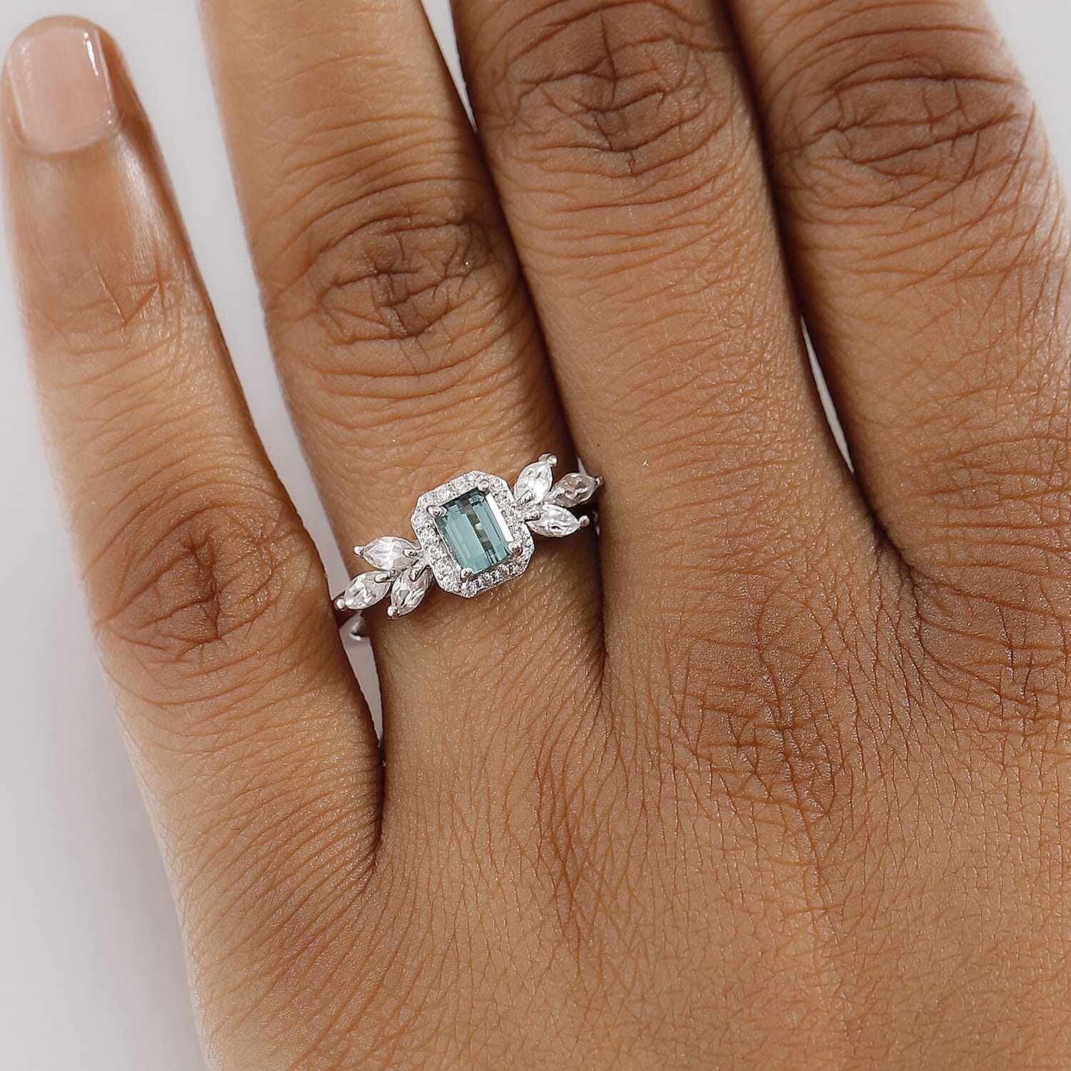 D'Joy Premium Pirineu Lagoon Tourmaline and White Zircon 1.35 ctw Elysian Leaf Ring in Rhodium Over Sterling Silver (Size 9.0)
