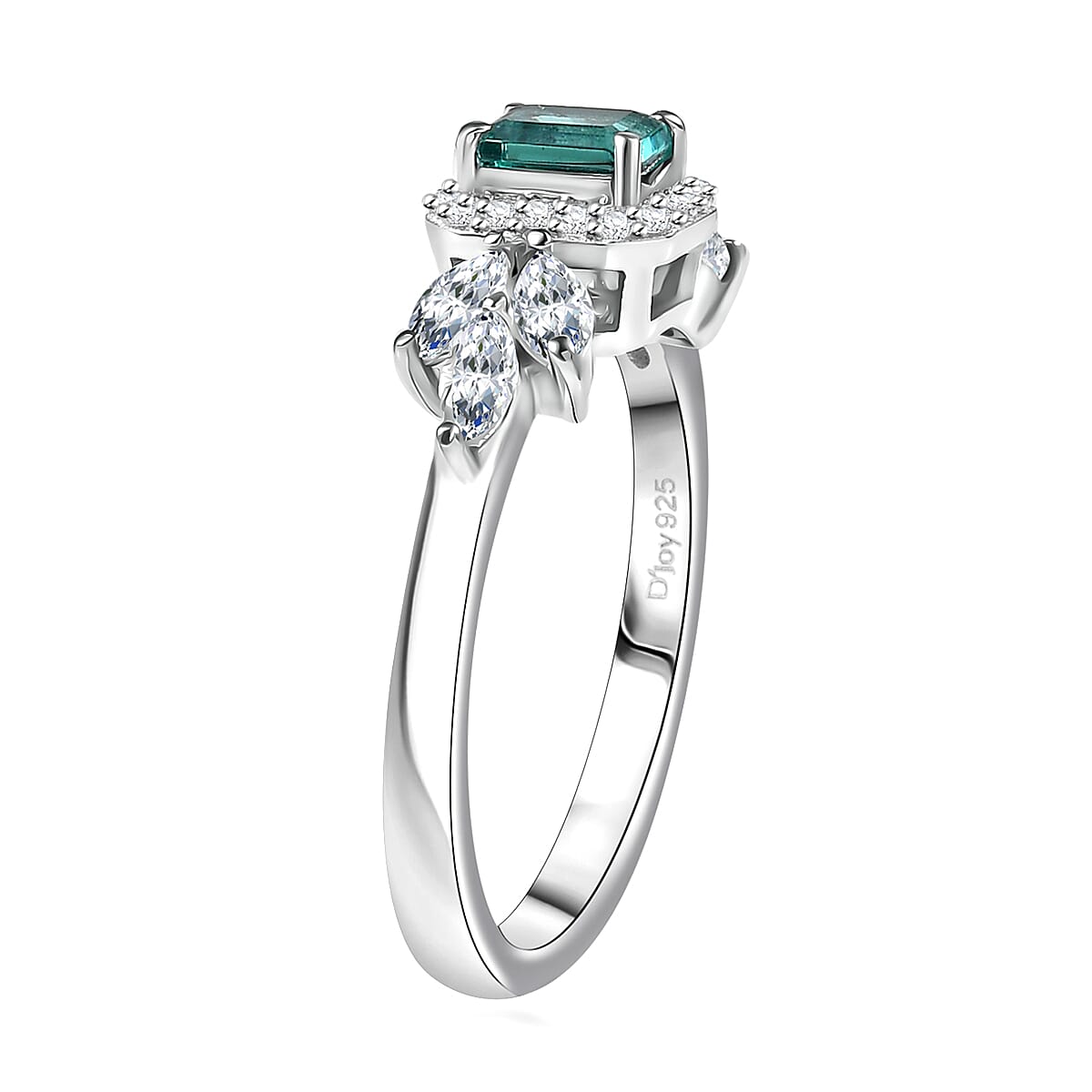 D'Joy Premium Pirineu Lagoon Tourmaline and White Zircon 1.35 ctw Elysian Leaf Ring in Rhodium Over Sterling Silver (Size 9.0)