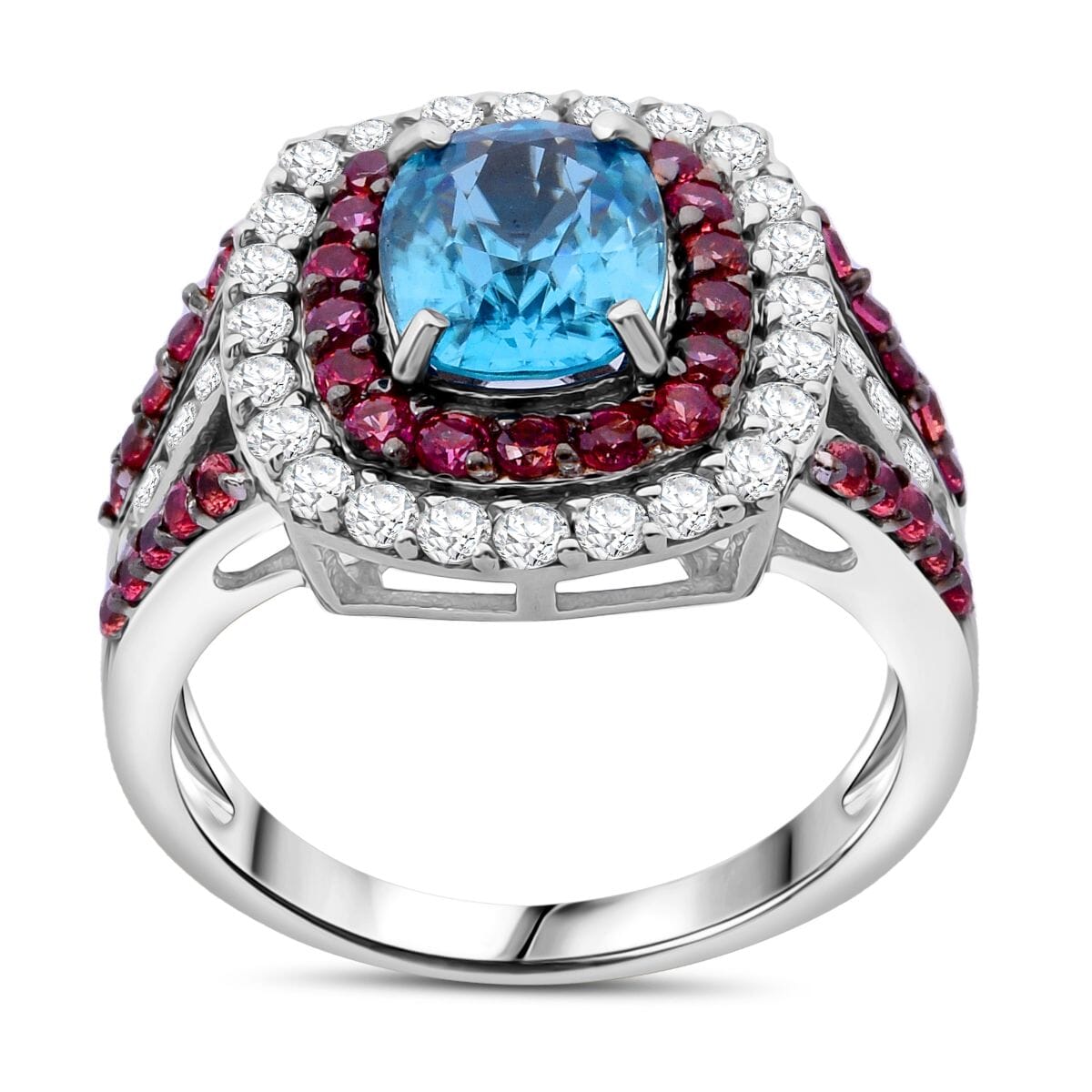 Cambodian Blue Zircon, Brown and White Zircon 3.30 ctw Oceanic Opulence Ring in Rhodium Over Sterling Silver (Size 10.0) image number 0