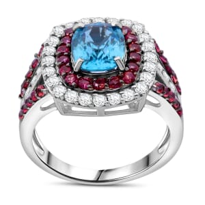 Cambodian Blue Zircon, Brown and White Zircon 3.30 ctw Oceanic Opulence Ring in Rhodium Over Sterling Silver (Size 10.0)