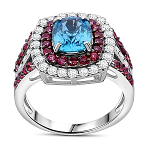 Cambodian Blue Zircon, Brown and White Zircon 3.30 ctw Oceanic Opulence Ring in Rhodium Over Sterling Silver (Size 5.0)