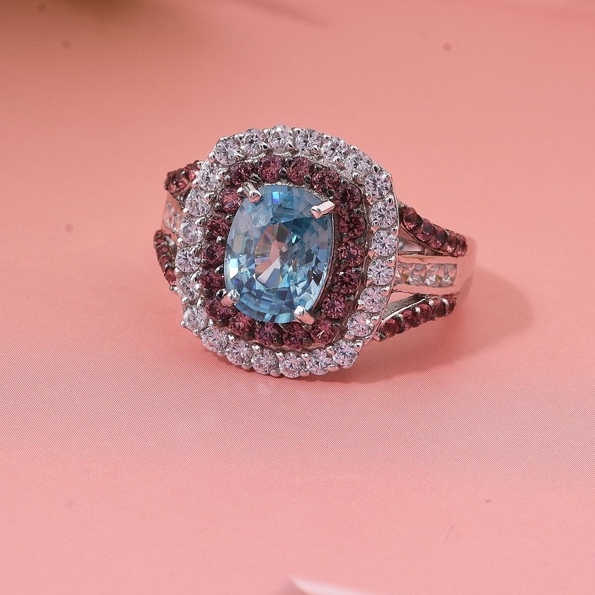 Cambodian Blue Zircon, Brown and White Zircon 3.30 ctw Oceanic Opulence Ring in Rhodium Over Sterling Silver (Size 9.0) image number 1