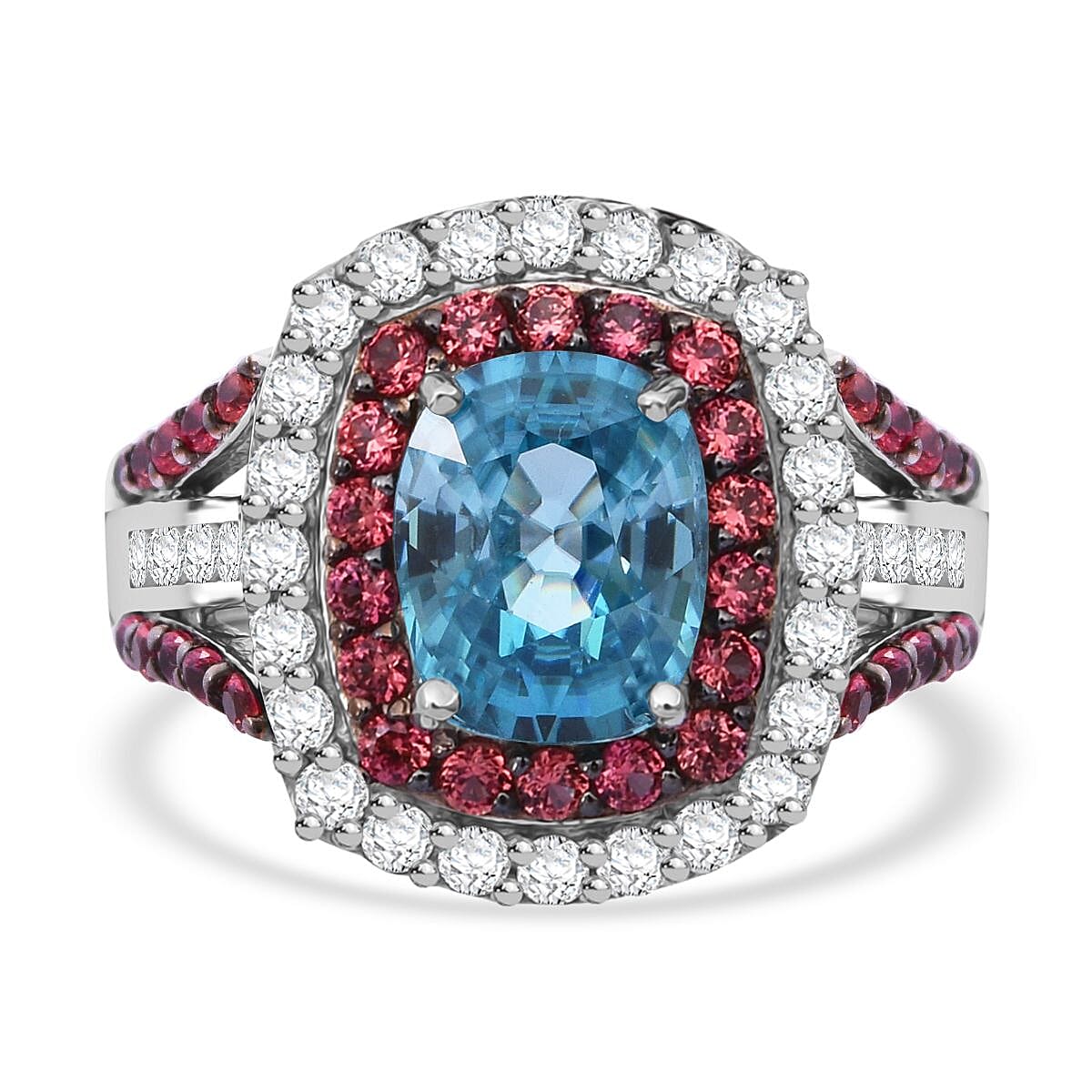 Cambodian Blue Zircon, Brown and White Zircon 3.30 ctw Oceanic Opulence Ring in Rhodium Over Sterling Silver (Size 9.0) image number 3