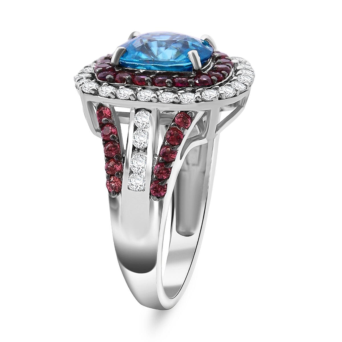 Cambodian Blue Zircon, Brown and White Zircon 3.30 ctw Oceanic Opulence Ring in Rhodium Over Sterling Silver (Size 9.0) image number 4