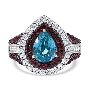 Cambodian Blue Zircon, Brown and White Zircon 3.00 ctw Oceanic Opulence Ring in Rhodium Over Sterling Silver (Size 10.0)