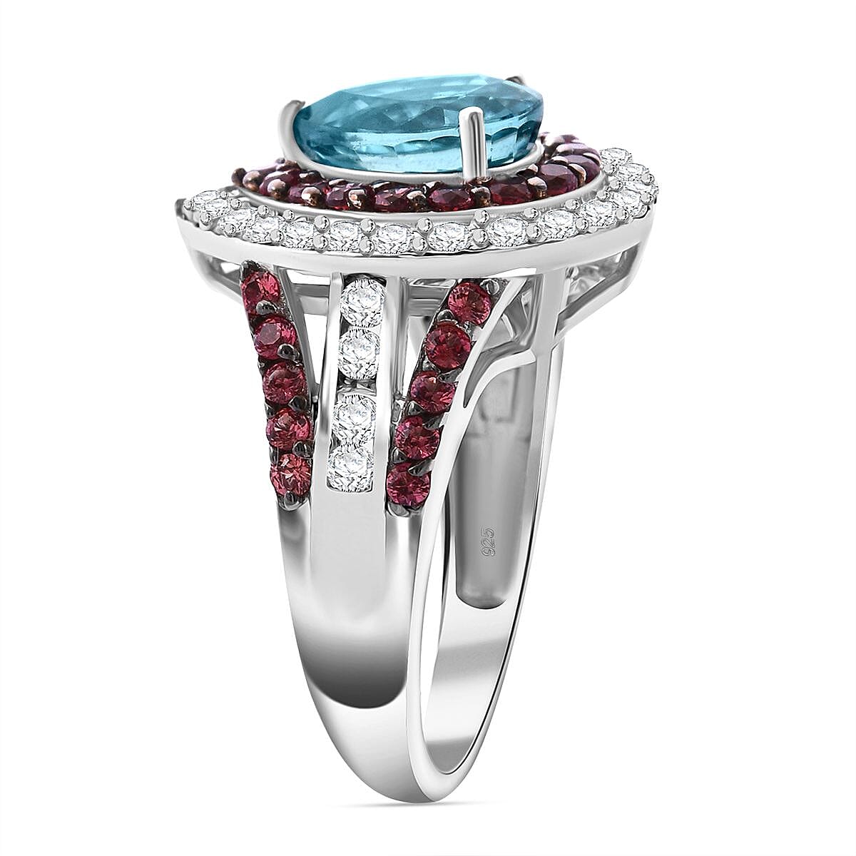 Cambodian Blue Zircon, Brown and White Zircon 3.00 ctw Oceanic Opulence Ring in Rhodium Over Sterling Silver (Size 8.0) image number 4