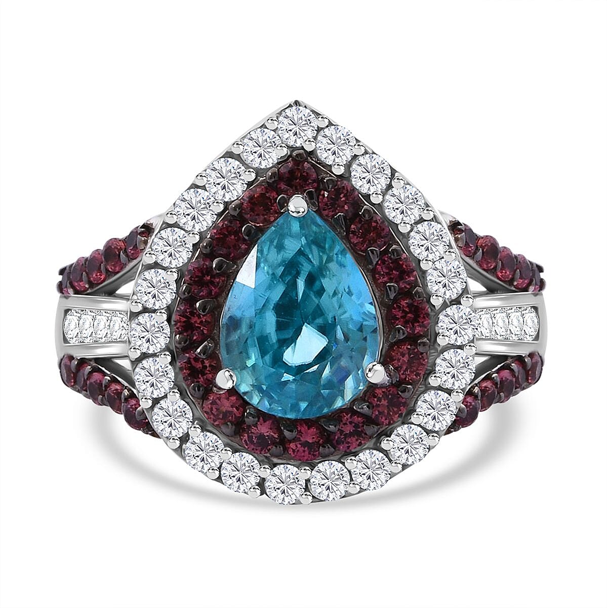 Cambodian Blue Zircon, Brown and White Zircon 3.00 ctw Oceanic Opulence Ring in Rhodium Over Sterling Silver (Size 9.0) image number 0