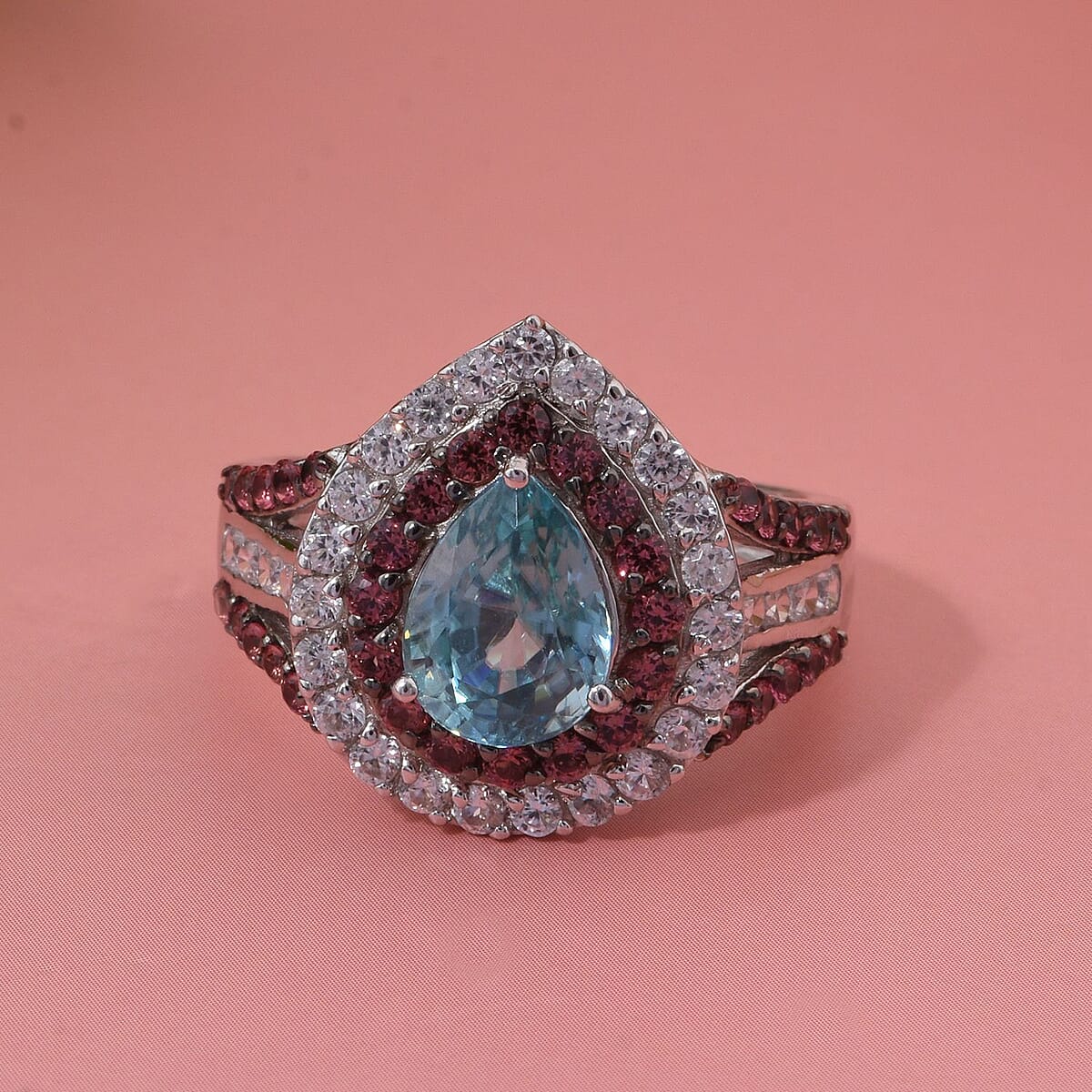 Cambodian Blue Zircon, Brown and White Zircon 3.00 ctw Oceanic Opulence Ring in Rhodium Over Sterling Silver (Size 9.0) image number 1