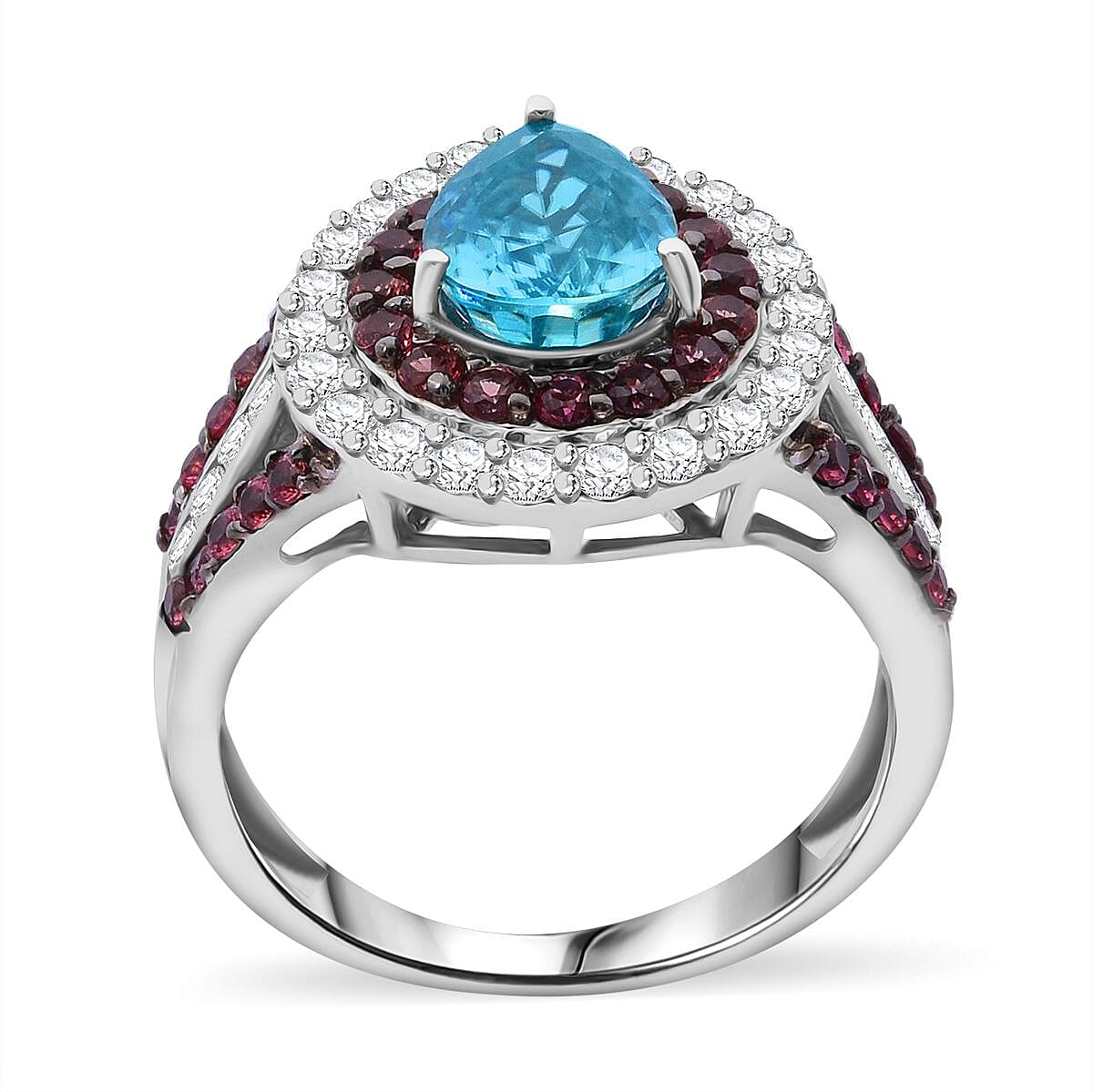Cambodian Blue Zircon, Brown and White Zircon 3.00 ctw Oceanic Opulence Ring in Rhodium Over Sterling Silver (Size 9.0) image number 3