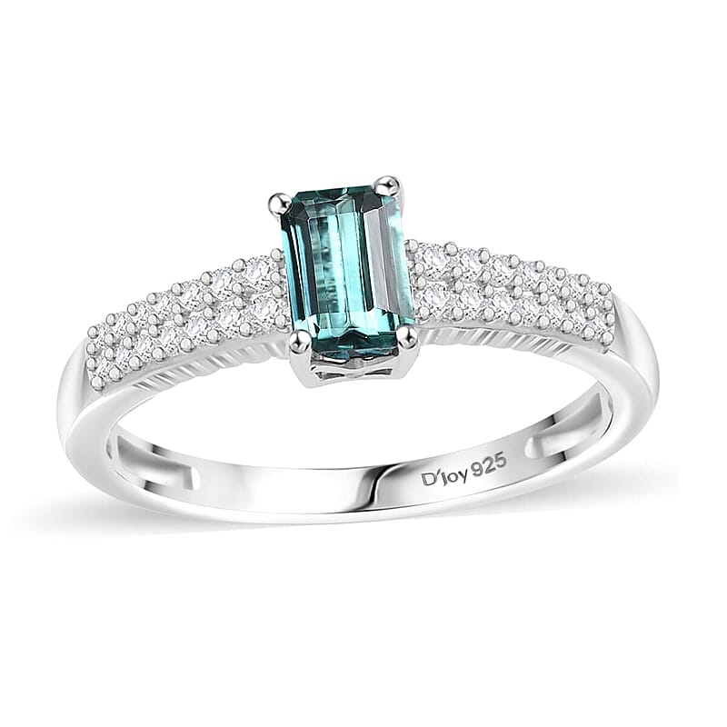 Premium Pirineu Lagoon Tourmaline, Moissanite Ring in Rhodium Over Sterling Silver (Size 10.0) 0.85 ctw