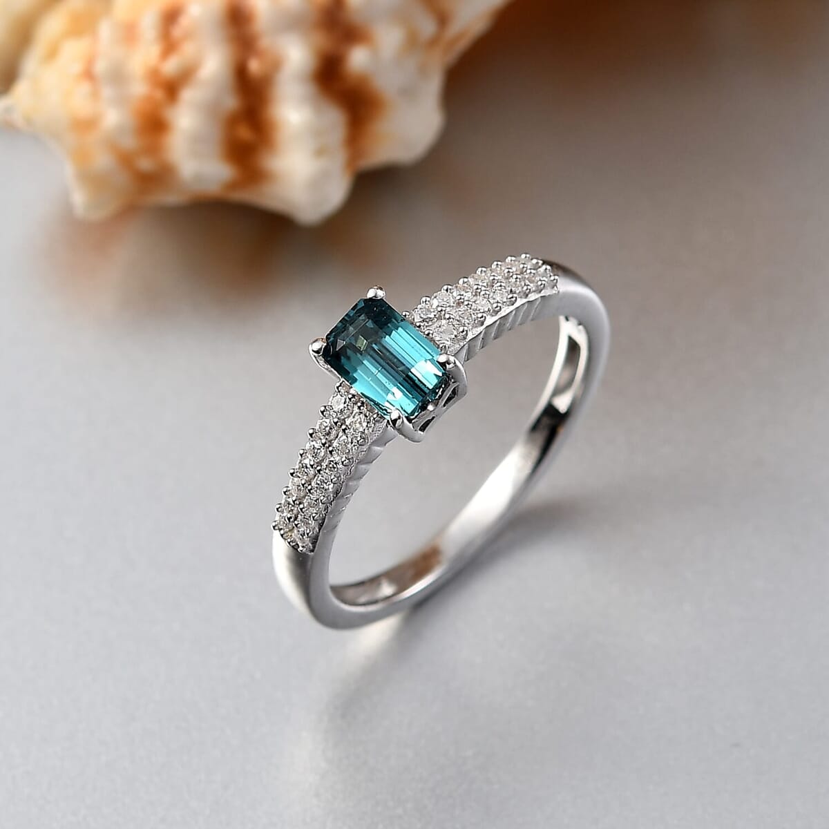 Premium Pirineu Lagoon Tourmaline, Moissanite Ring in Rhodium Over Sterling Silver (Size 10.0) 0.85 ctw image number 1