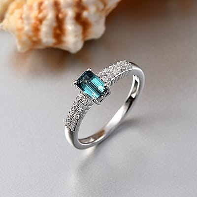 Premium Pirineu Lagoon Tourmaline, Moissanite Ring in Rhodium Over Sterling Silver (Size 10.0) 0.85 ctw