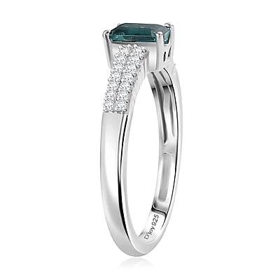 Premium Pirineu Lagoon Tourmaline, Moissanite Ring in Rhodium Over Sterling Silver (Size 10.0) 0.85 ctw