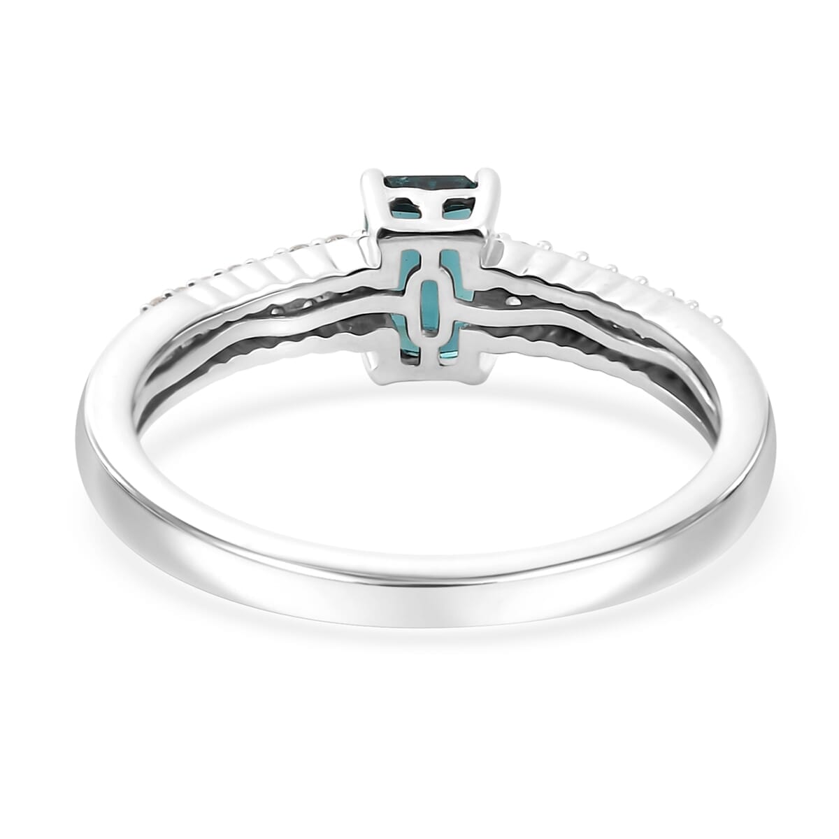 Premium Pirineu Lagoon Tourmaline, Moissanite Ring in Rhodium Over Sterling Silver (Size 10.0) 0.85 ctw image number 4