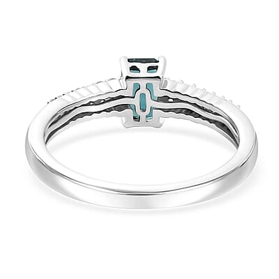 Premium Pirineu Lagoon Tourmaline, Moissanite Ring in Rhodium Over Sterling Silver (Size 10.0) 0.85 ctw