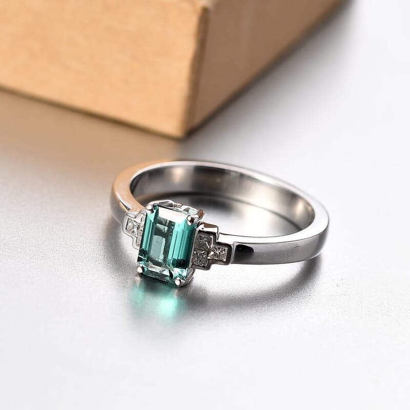 Epic Deal Luxoro 10K White Gold Premium Pirineu Lagoon Tourmaline, Diamond (I1) Ring (Size 10.0) 1.10 ctw