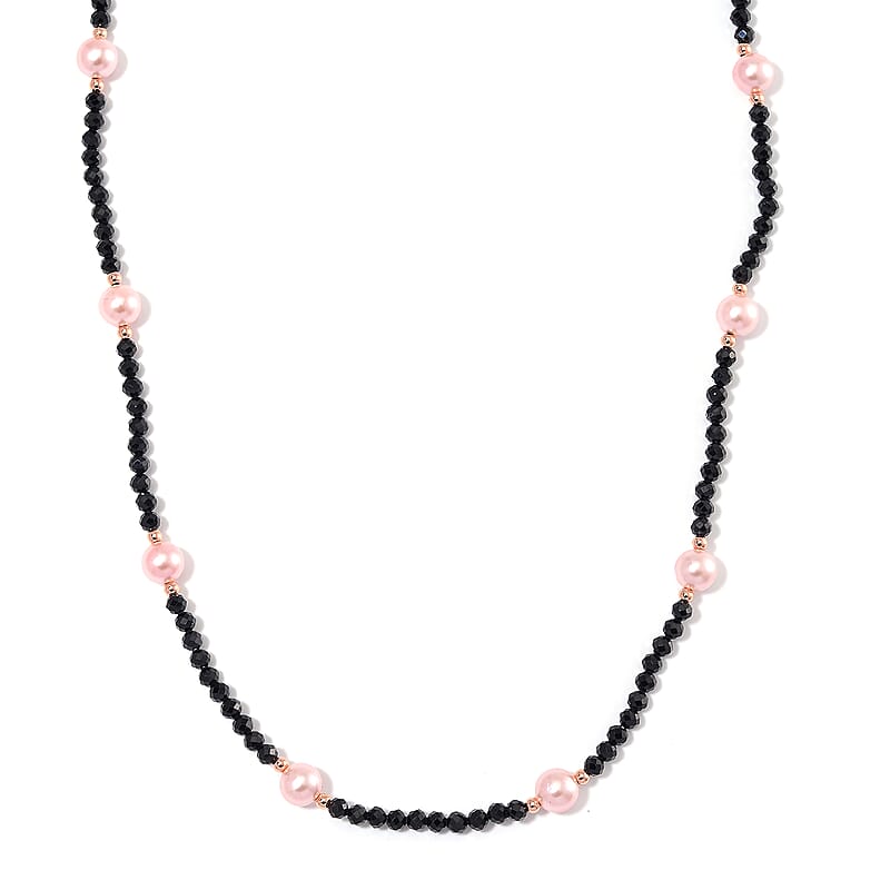 Thai Black Spinel with Pink Shell Pearl 50.00 ctw Beaded Necklace in Rosetone 18-20 Inches