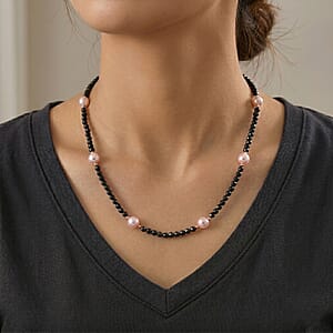 Thai Black Spinel with Pink Shell Pearl 50.00 ctw Beaded Necklace in Rosetone 18-20 Inches
