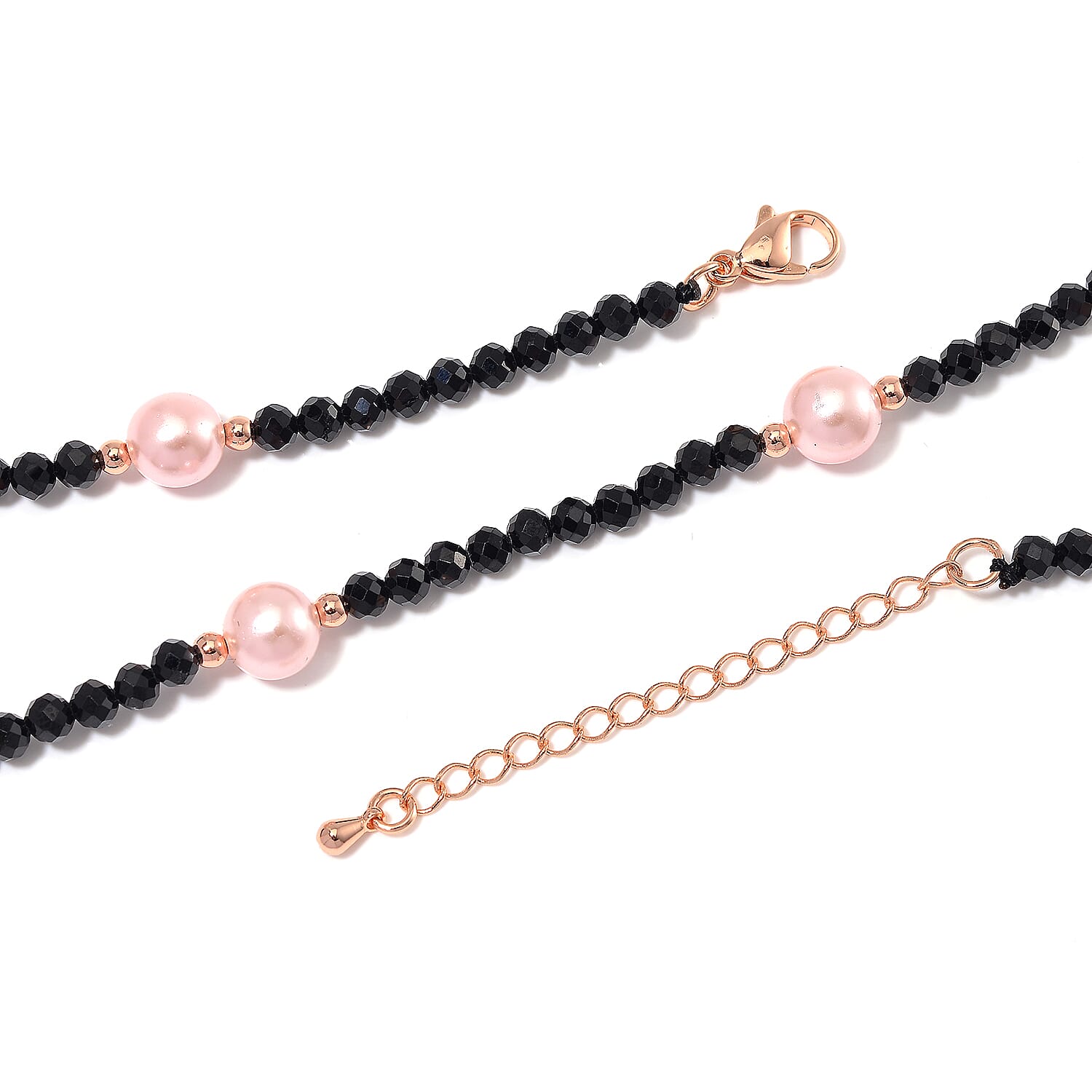 Thai Black Spinel with Pink Shell Pearl 50.00 ctw Beaded Necklace in Rosetone 18-20 Inches