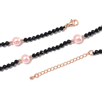 Thai Black Spinel with Pink Shell Pearl 50.00 ctw Beaded Necklace in Rosetone 18-20 Inches