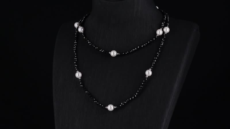 White Shell Pearl and Thai Black Spinel Beaded Endless Necklace in Silvertone 30 Inches
