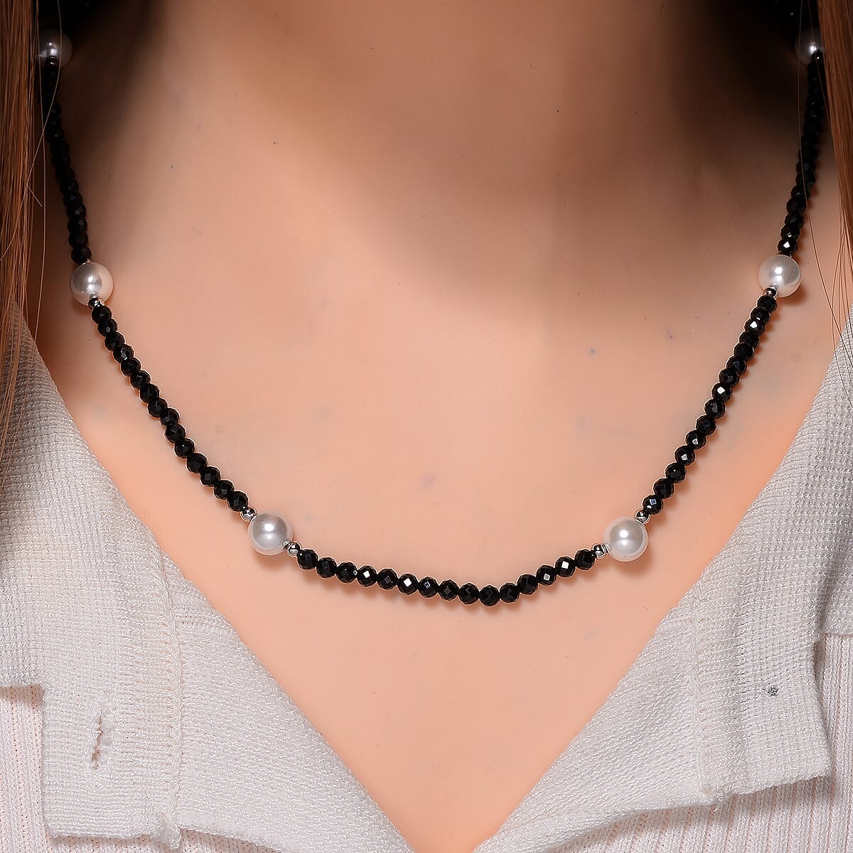 White Shell Pearl and Thai Black Spinel Beaded Endless Necklace in Silvertone 30 Inches image number 1