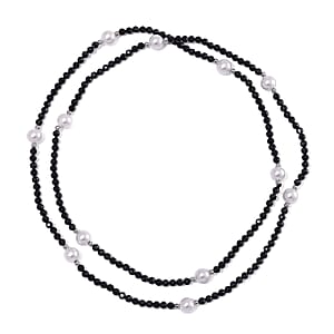 Thai Black Spinel with White Shell Pearl 77.00 ctw Beaded Endless Necklace in Silvertone 30 Inches