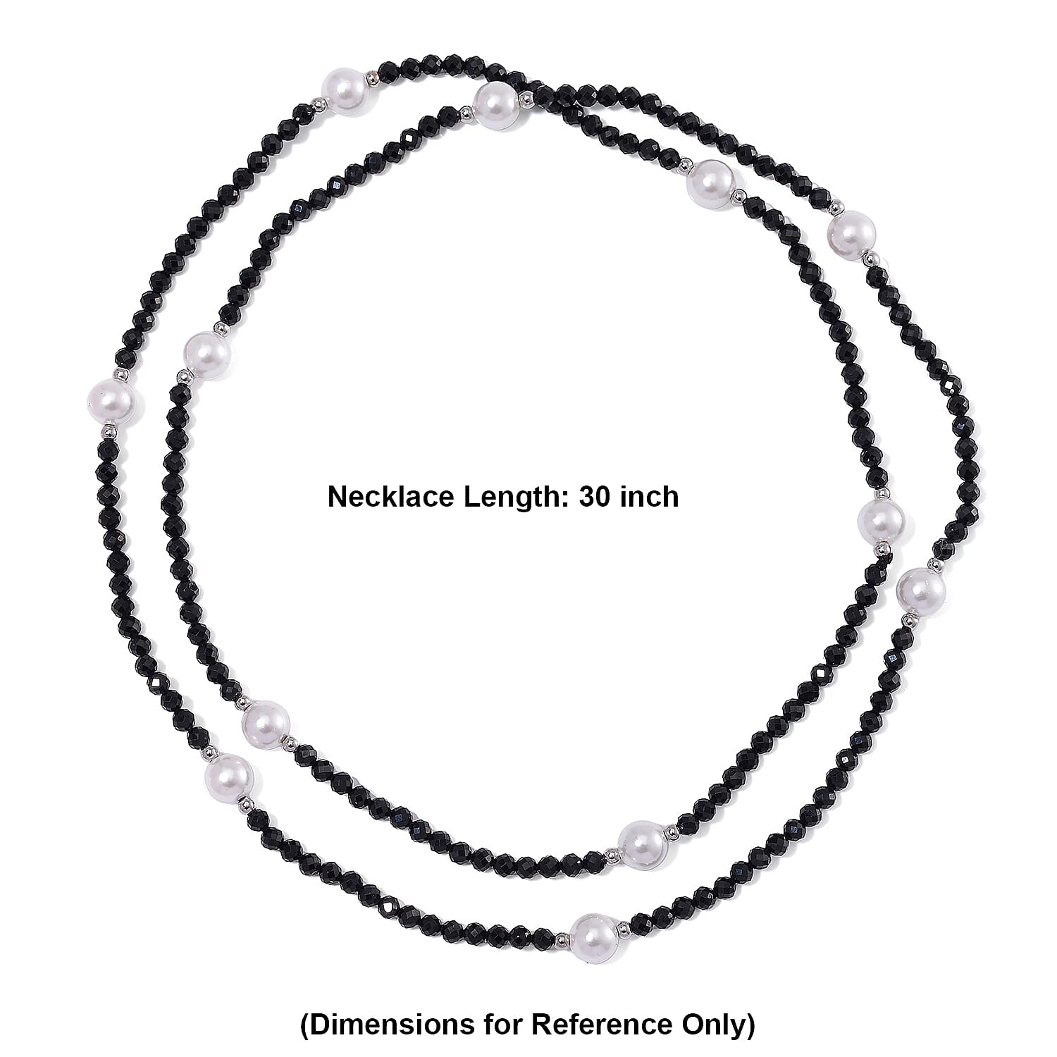 Thai Black Spinel with White Shell Pearl 77.00 ctw Beaded Endless Necklace in Silvertone 30 Inches