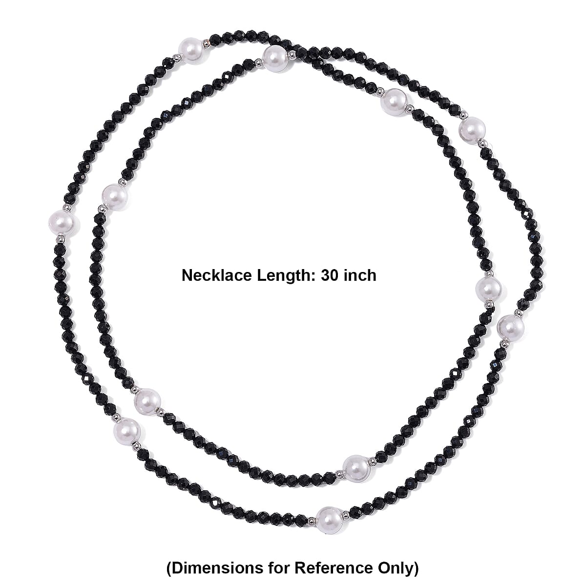 Thai Black Spinel with White Shell Pearl 77.00 ctw Beaded Endless Necklace in Silvertone 30 Inches image number 5