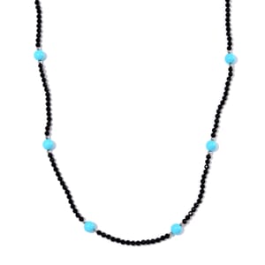 Sleeping Beauty Color Shell Pearl and Thai Black Spinel 77.00 ctw Beaded Endless Necklace in Silvertone 30 Inches
