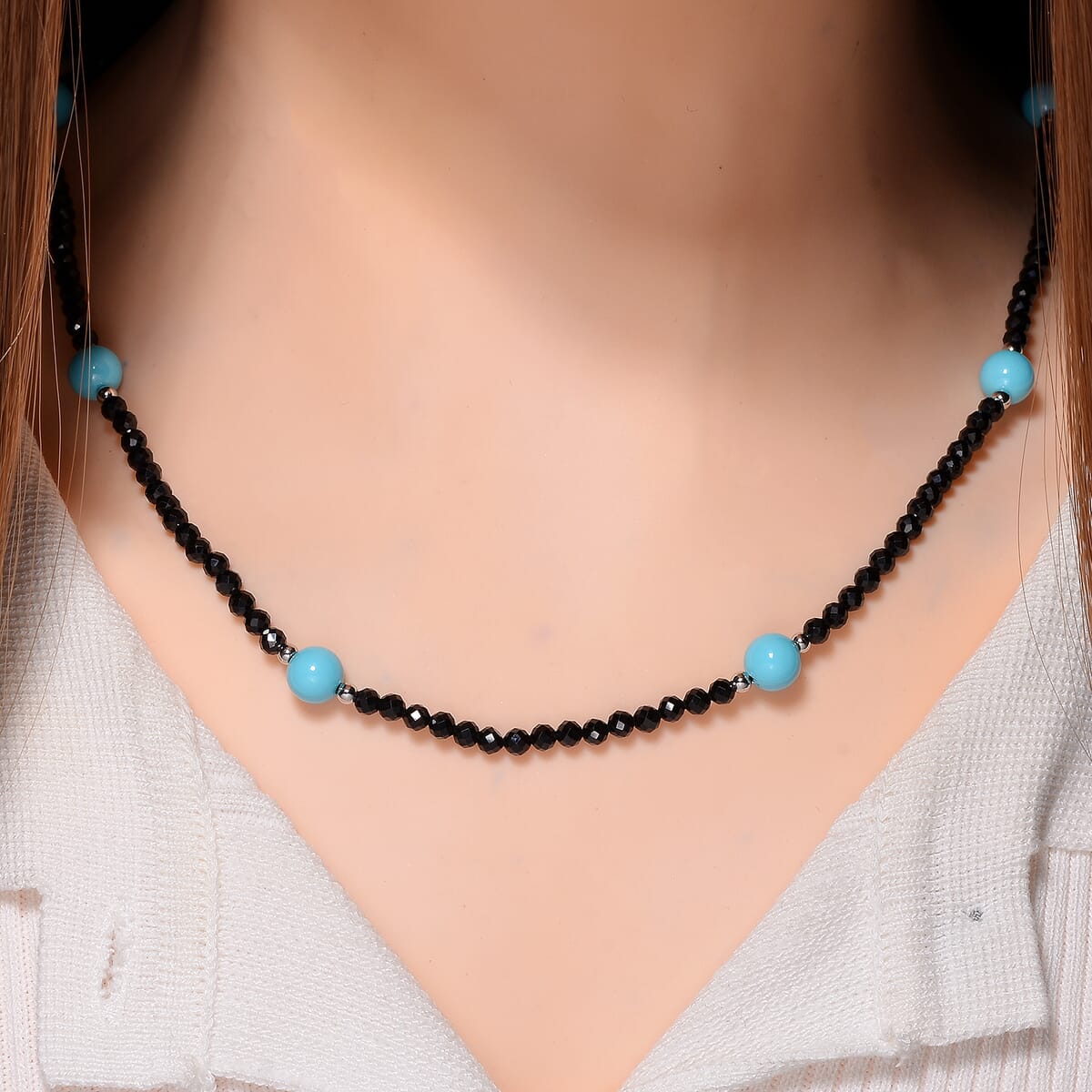 Sleeping Beauty Color Shell Pearl and Thai Black Spinel 77.00 ctw Beaded Endless Necklace in Silvertone 30 Inches image number 1
