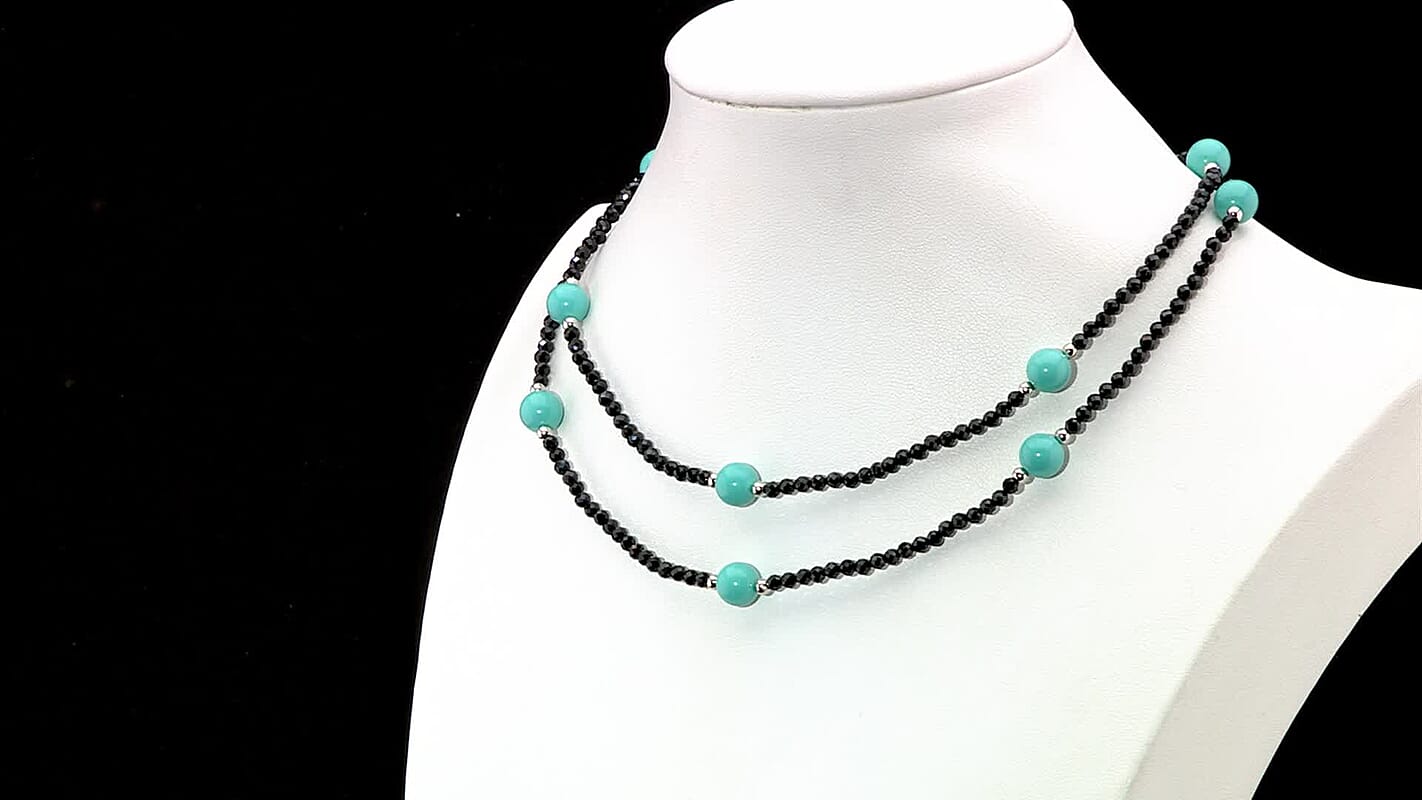 Sleeping Beauty Color Shell Pearl and Thai Black Spinel 77.00 ctw Beaded Endless Necklace in Silvertone 30 Inches