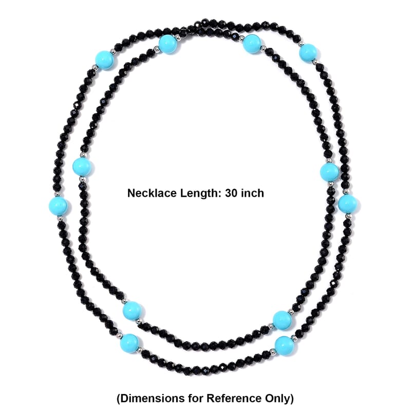 Thai Black Spinel with Sleeping Beauty Color Shell Pearl 77.00 ctw Beaded Endless Necklace in Silvertone 30 Inches