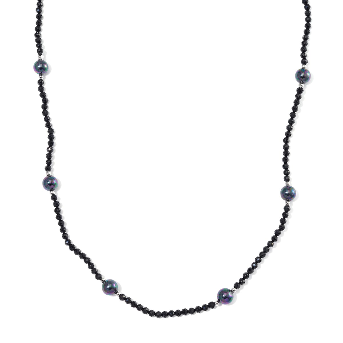 Peacock Color Shell Pearl and Thai Black Spinel 77.00 ctw Beaded Endless Necklace in Silvertone 30 Inches image number 0