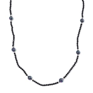Peacock Color Shell Pearl and Thai Black Spinel 77.00 ctw Beaded Endless Necklace in Silvertone 30 Inches