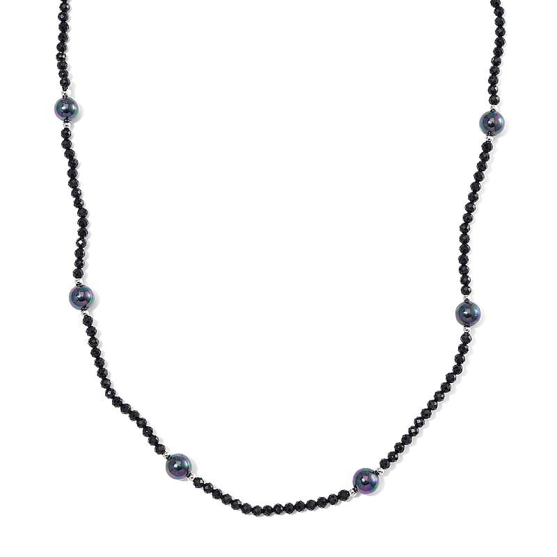 Thai Black Spinel with Peacock Color Shell Pearl 77.00 ctw Beaded Endless Necklace in Silvertone 30 Inches