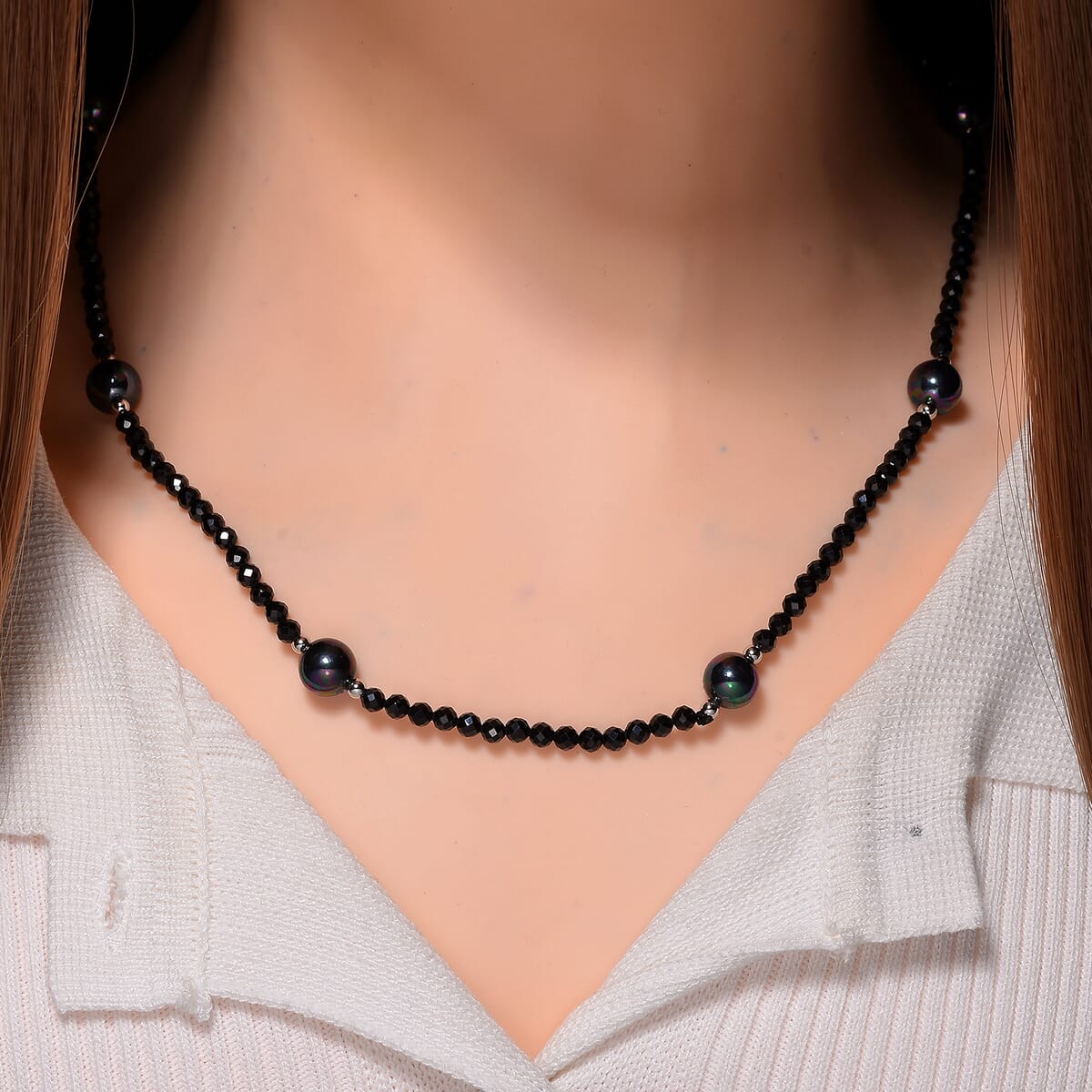 Peacock Color Shell Pearl and Thai Black Spinel 77.00 ctw Beaded Endless Necklace in Silvertone 30 Inches image number 1