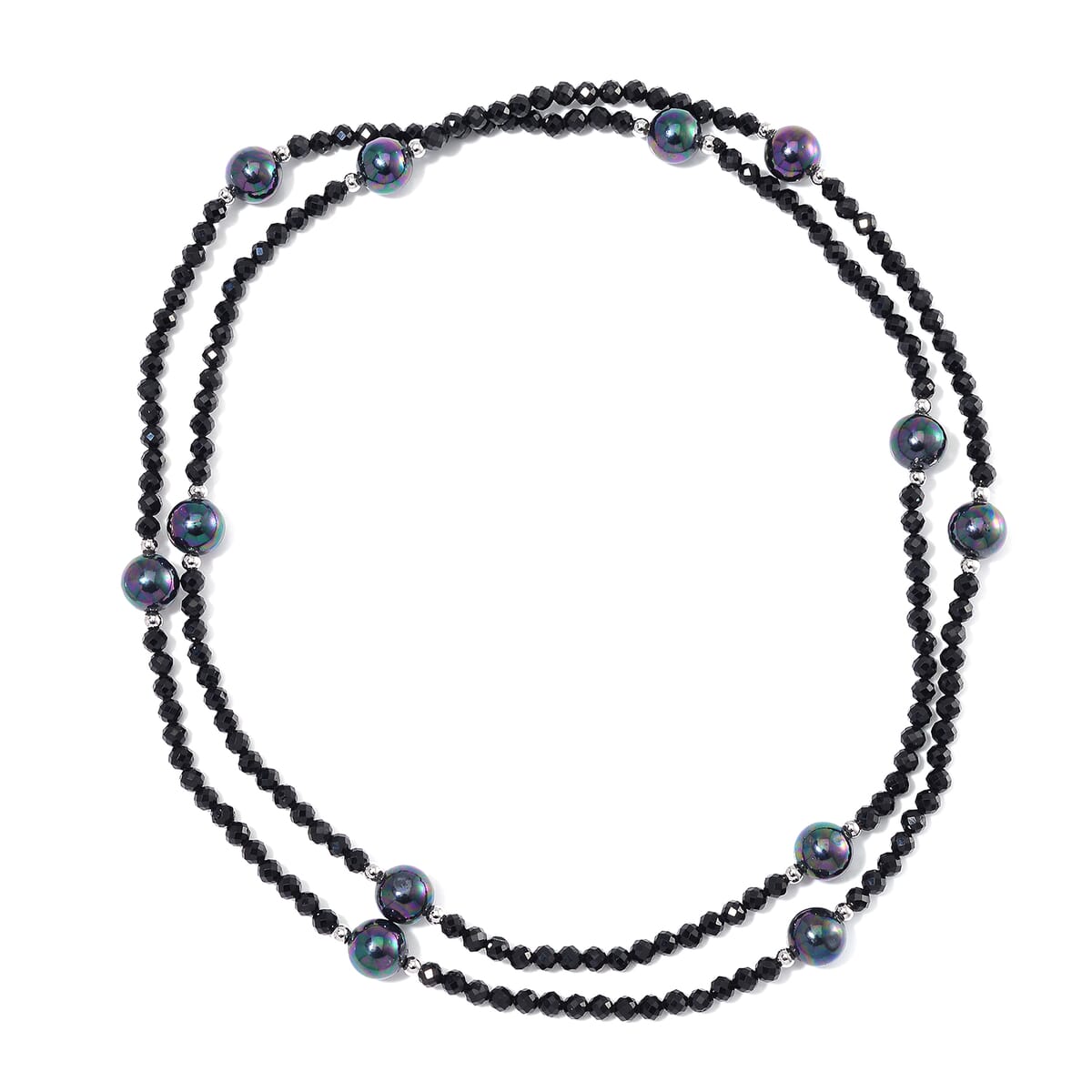 Peacock Color Shell Pearl and Thai Black Spinel 77.00 ctw Beaded Endless Necklace in Silvertone 30 Inches image number 2