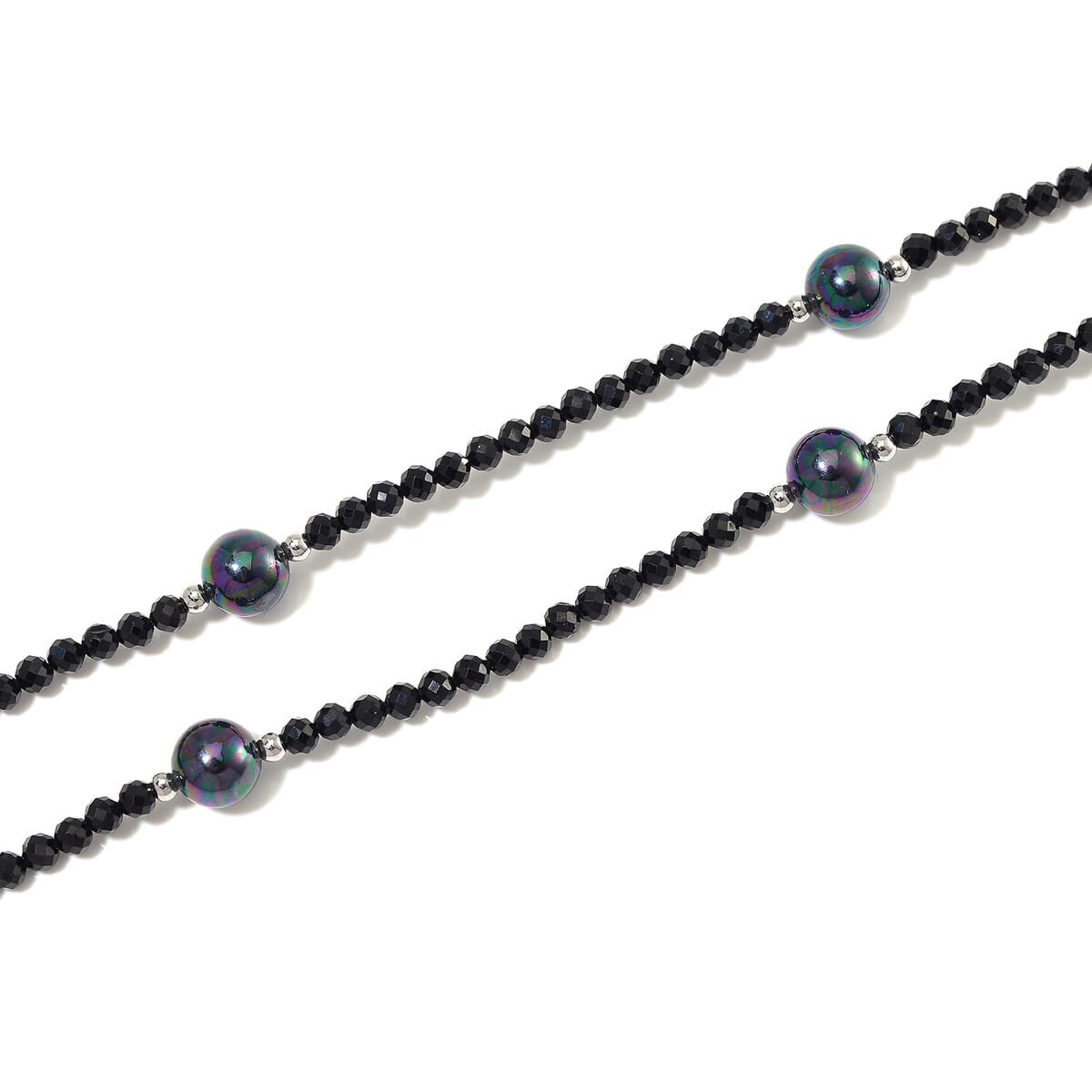 Peacock Color Shell Pearl and Thai Black Spinel 77.00 ctw Beaded Endless Necklace in Silvertone 30 Inches image number 3