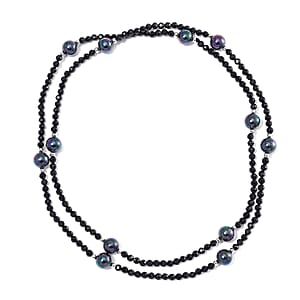  Thai Black Spinel with Peacock Color Shell Pearl 77.00 ctw Beaded Endless Necklace in Silvertone 30 Inches
