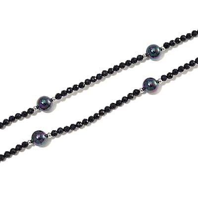 Thai Black Spinel with Peacock Color Shell Pearl 77.00 ctw Beaded Endless Necklace in Silvertone 30 Inches