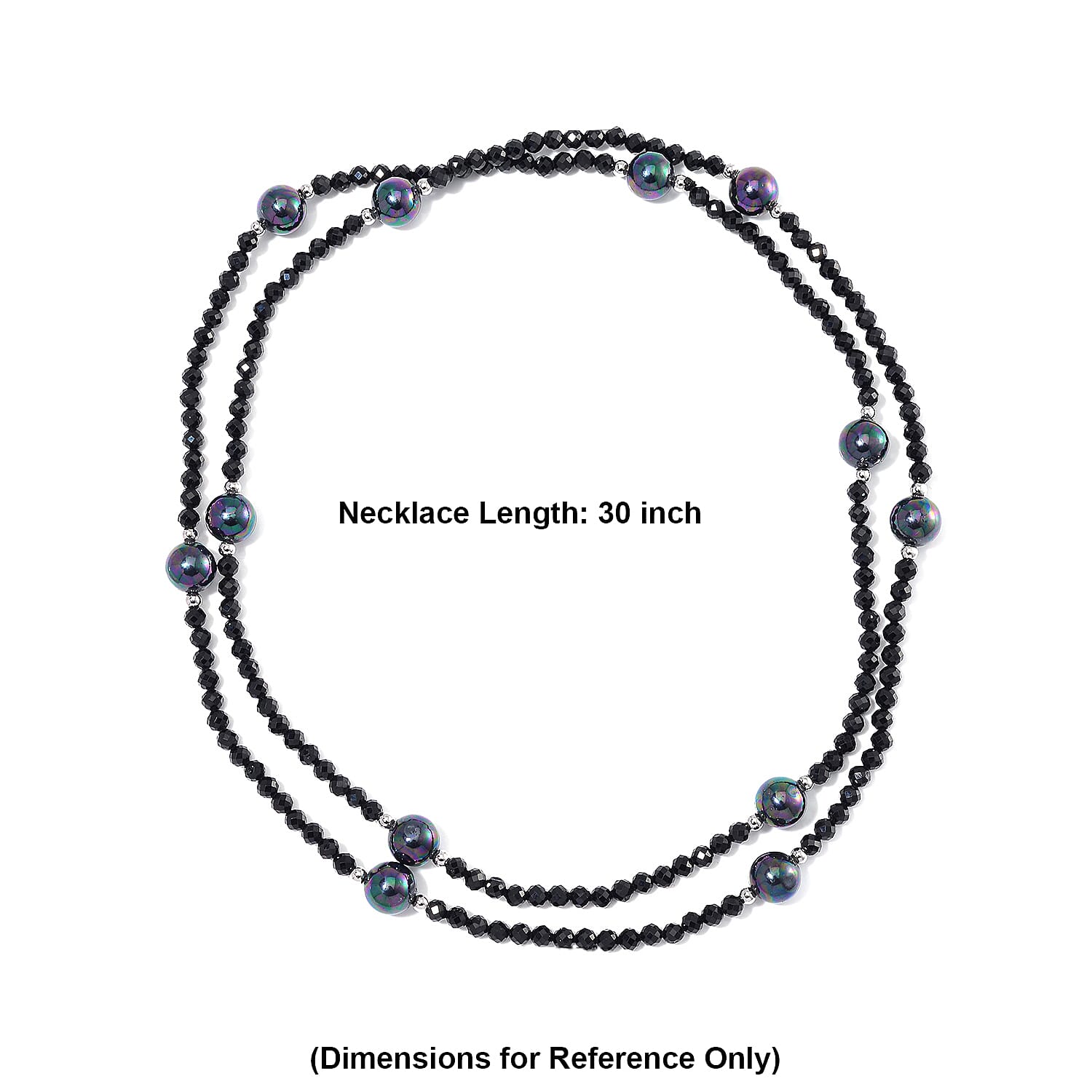Thai Black Spinel with Peacock Color Shell Pearl 77.00 ctw Beaded Endless Necklace in Silvertone 30 Inches