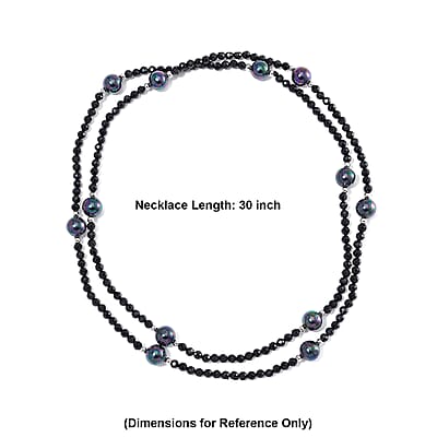 Thai Black Spinel with Peacock Color Shell Pearl 77.00 ctw Beaded Endless Necklace in Silvertone 30 Inches