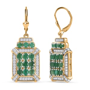 D'Joy Kagem Zambian Emerald and White Zircon 4.40 ctw Opulent Prism Earrings in Rhodium & 18K Vermeil Yellow Gold Over Sterling Silver