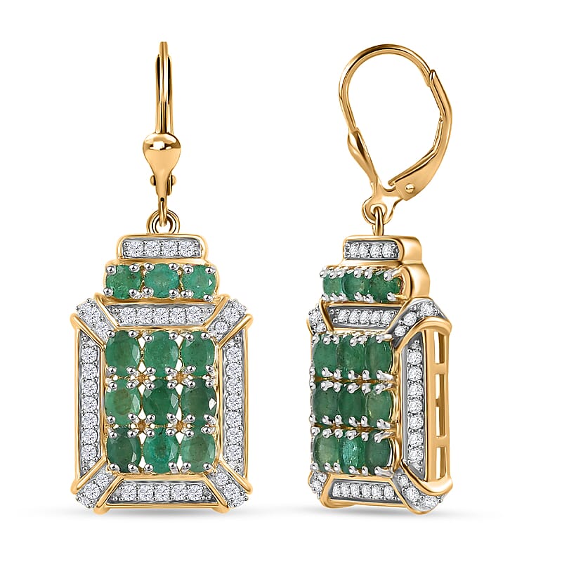 D'Joy Kagem Zambian Emerald and White Zircon 4.40 ctw Opulent Prism Earrings in Rhodium & 18K Vermeil Yellow Gold Over Sterling Silver