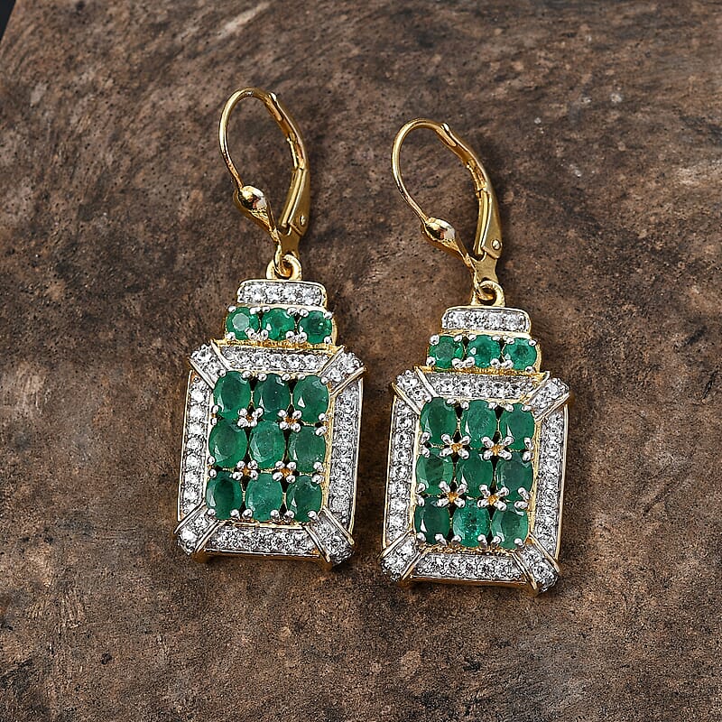 D'Joy Kagem Zambian Emerald and White Zircon 4.40 ctw Opulent Prism Earrings in Rhodium & 18K Vermeil Yellow Gold Over Sterling Silver