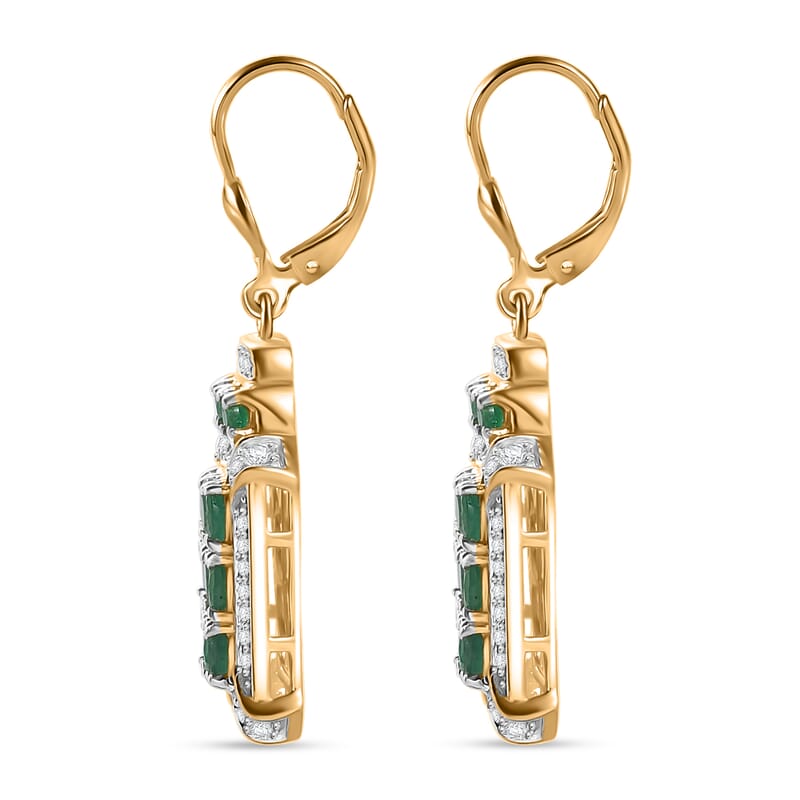 D'Joy Kagem Zambian Emerald and White Zircon 4.40 ctw Opulent Prism Earrings in Rhodium & 18K Vermeil Yellow Gold Over Sterling Silver