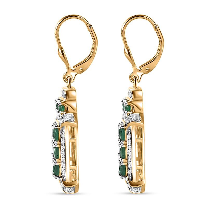D'Joy Kagem Zambian Emerald and White Zircon 4.40 ctw Opulent Prism Earrings in Rhodium & 18K Vermeil Yellow Gold Over Sterling Silver