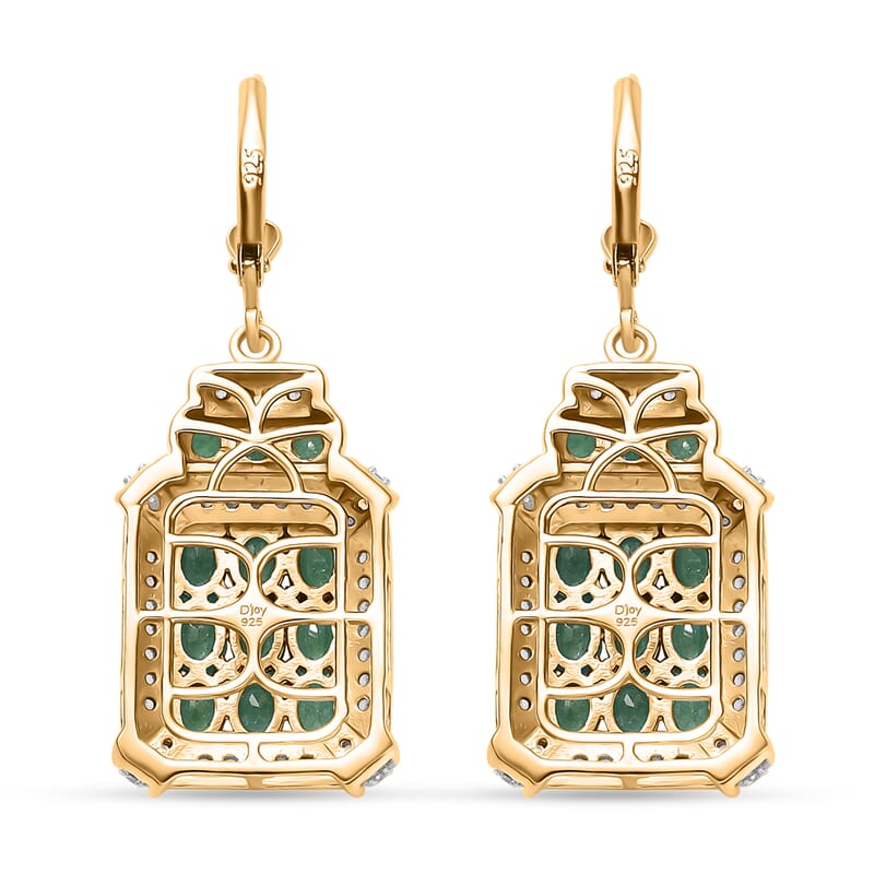 D'Joy Kagem Zambian Emerald and White Zircon 4.40 ctw Opulent Prism Earrings in Rhodium & 18K Vermeil Yellow Gold Over Sterling Silver